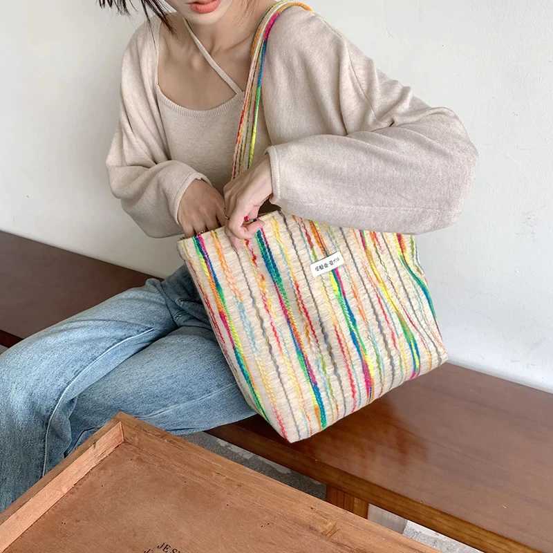 2024 Designer Beach Bag Casual with Buckle Cute Tote Bags Stripes Shopper Rainbow Canvas Shoulder Bag for Women by JIOMAY G250729
