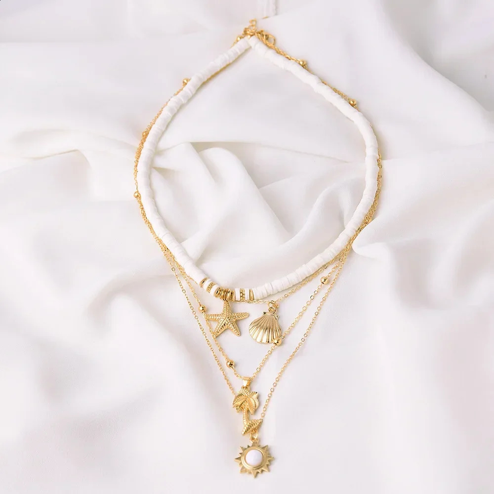 Fashion Bohemia Soft Clay Shell Star Sun Pendant Chain Layered Necklace for Women Girls Summer Beach Simple 250716