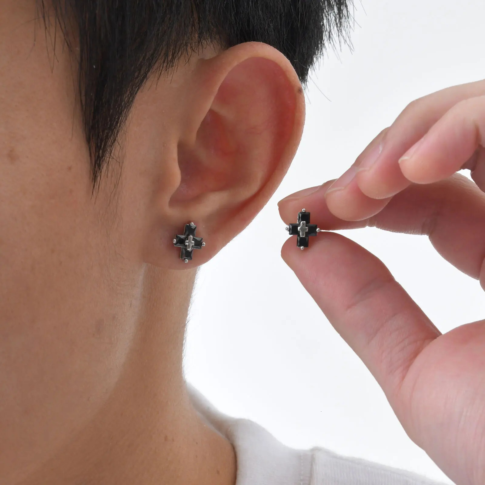 Cross Zircon Stud Earrings for Men BoysHip Hop Black White CZ Stone Metal EarringTrendy Jewelry Gifts 250729