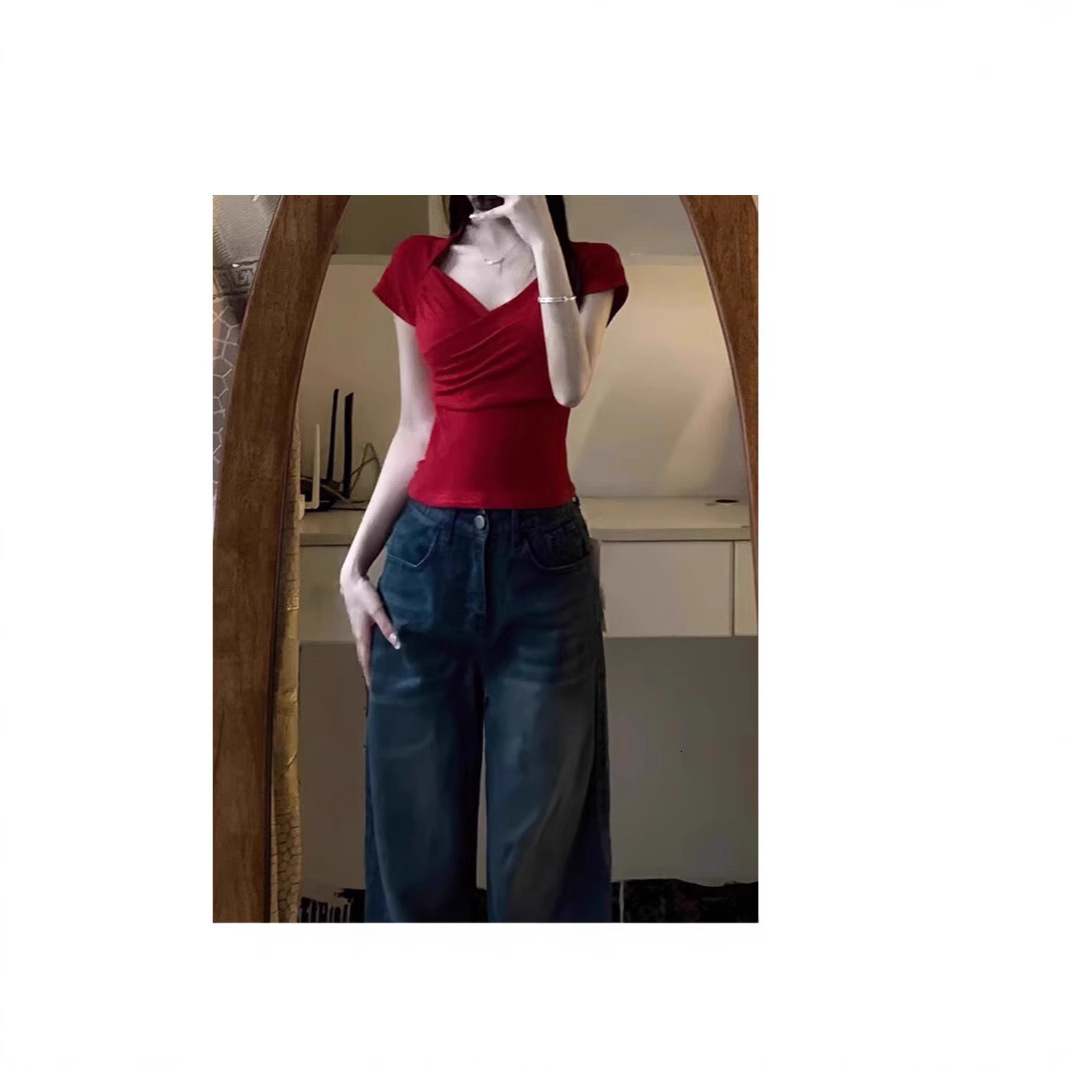 2025 red V-neck cross shoulder short sleeved women's T-shirt summer new slim fit waist unique spicy girl top new designer T-shirt