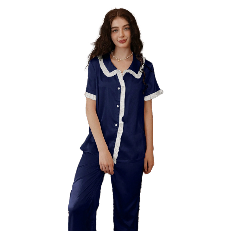 2025 New Women's Spring and Autumn Silk Color Block Lace Short Sleeve Long Pants Pajama Set Homewear