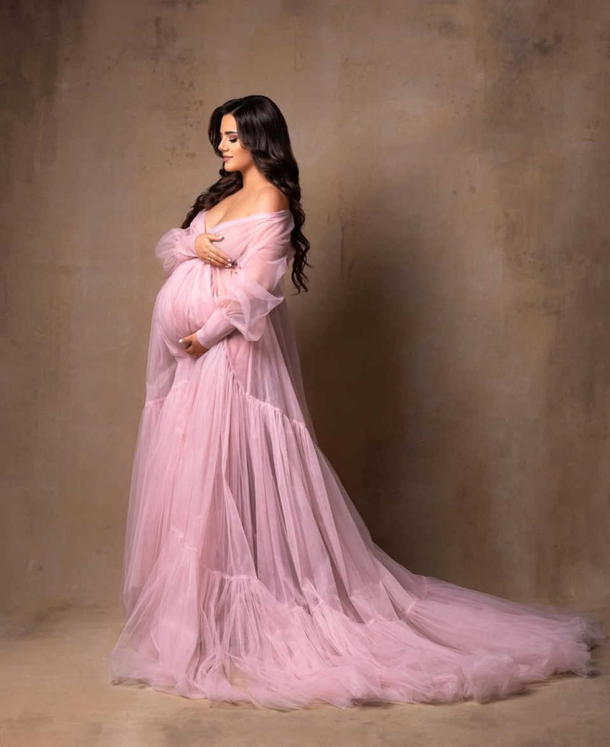 Fluffy Purple Ruffle Tulle Maternity Dress Off Shoulder Long Sleeves For Photoshoot Pregnancy Maternity Gown Robes