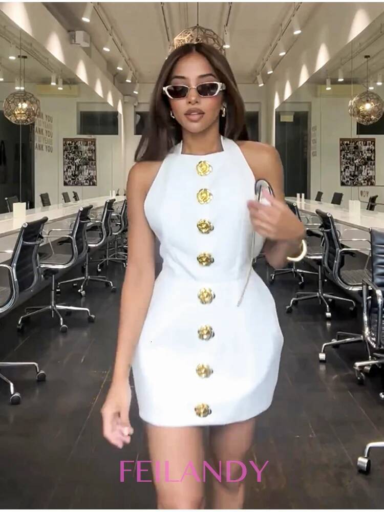 Feiland Off Shoulder Party Club Dress Women Backless Halter Elegant Fashion Button Solid Sleeveless Mini Slim Fit Summer Dresses dongdumaoyi