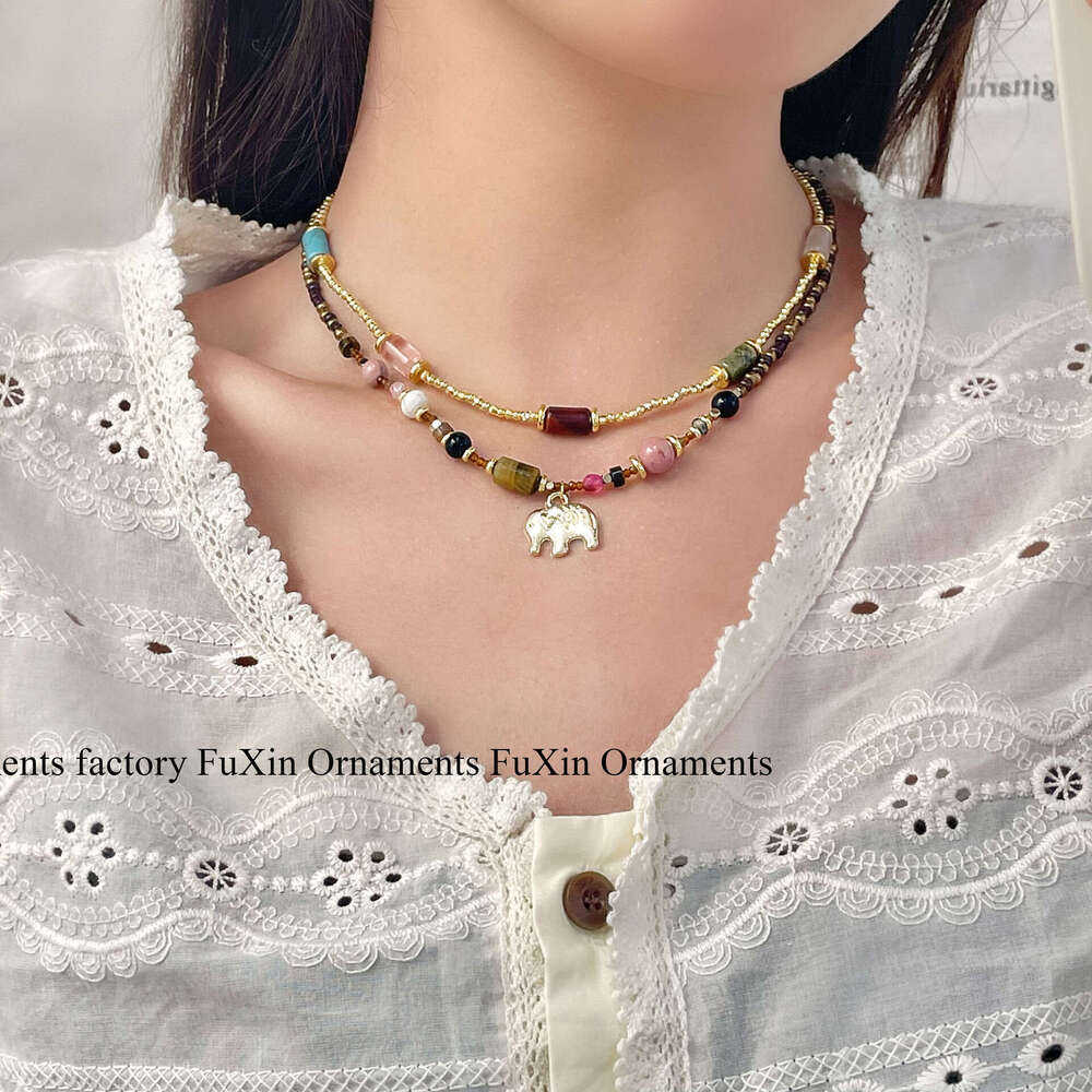 Colorful Cylinder Gold Disco Broken Sier Neverland Little Elephant Melad High-end Exquisite Beaded Necklace 087