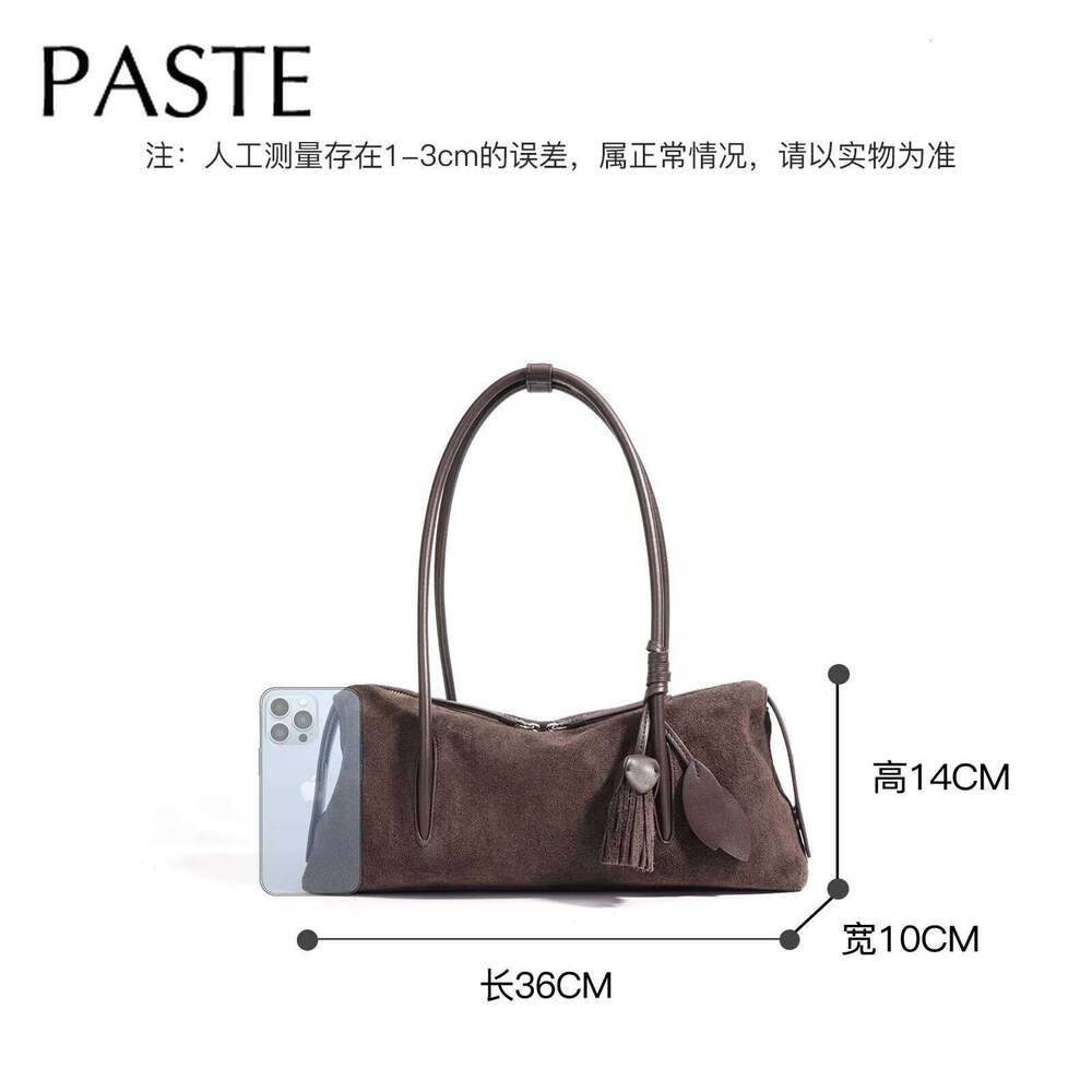 2026 Winter New Collection Tassel Design Lazy Bowling Tote Cherry Red Coffee Suede Cow Leather Women Armpit Shoulder Bag