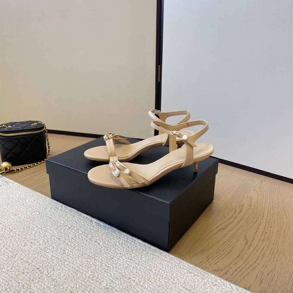 New Women Size34-41 Genuine Leather Sandals High Heels Pearls Pumps Summer Buckle Strap Designer Shoes Zapatillas De Mujer f45