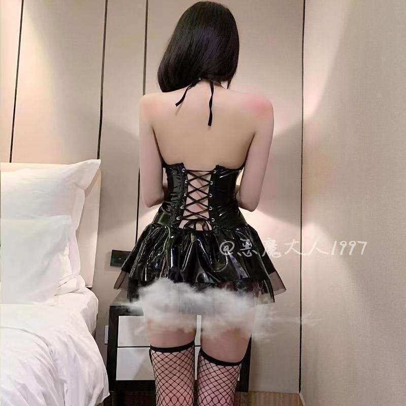 Ranshuo Sexy Lingerie Patent Devil Wings Uniform Cosplay Sheer Dress Halter Leather Jacket Set Short rompers