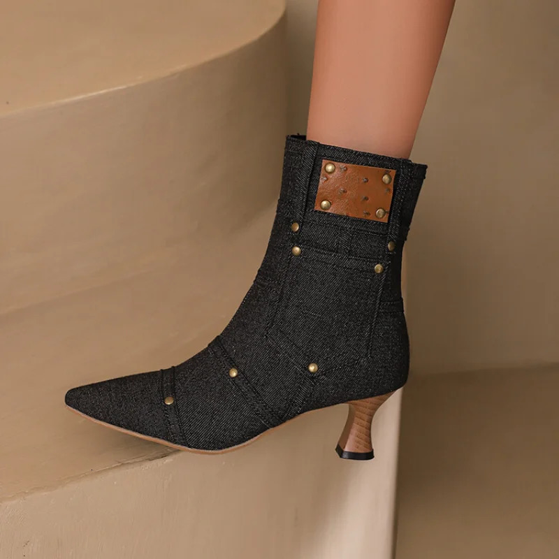 LeShion Of Chanmeb Big Size 48 Women Blue Denim Jeans Boots Spike Heels Zipper Pocket Punk Rivets Short Boots High-heeled Shoes 250729