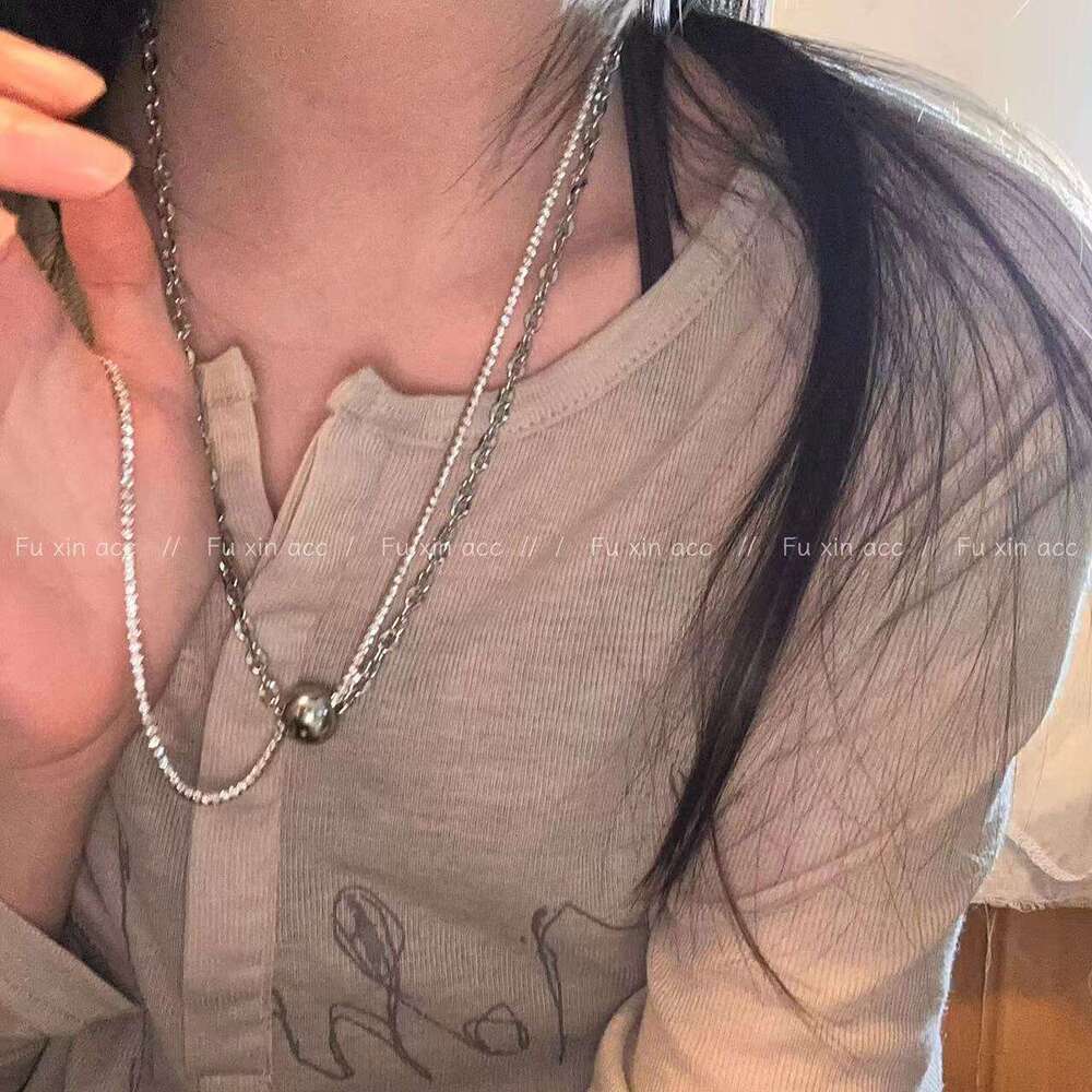 Metal Style Double Layer Stacked Double-Sided Dia Necklace Light High-End Round Bead Pendant Collarbone Trendy Sweater Chain 90f
