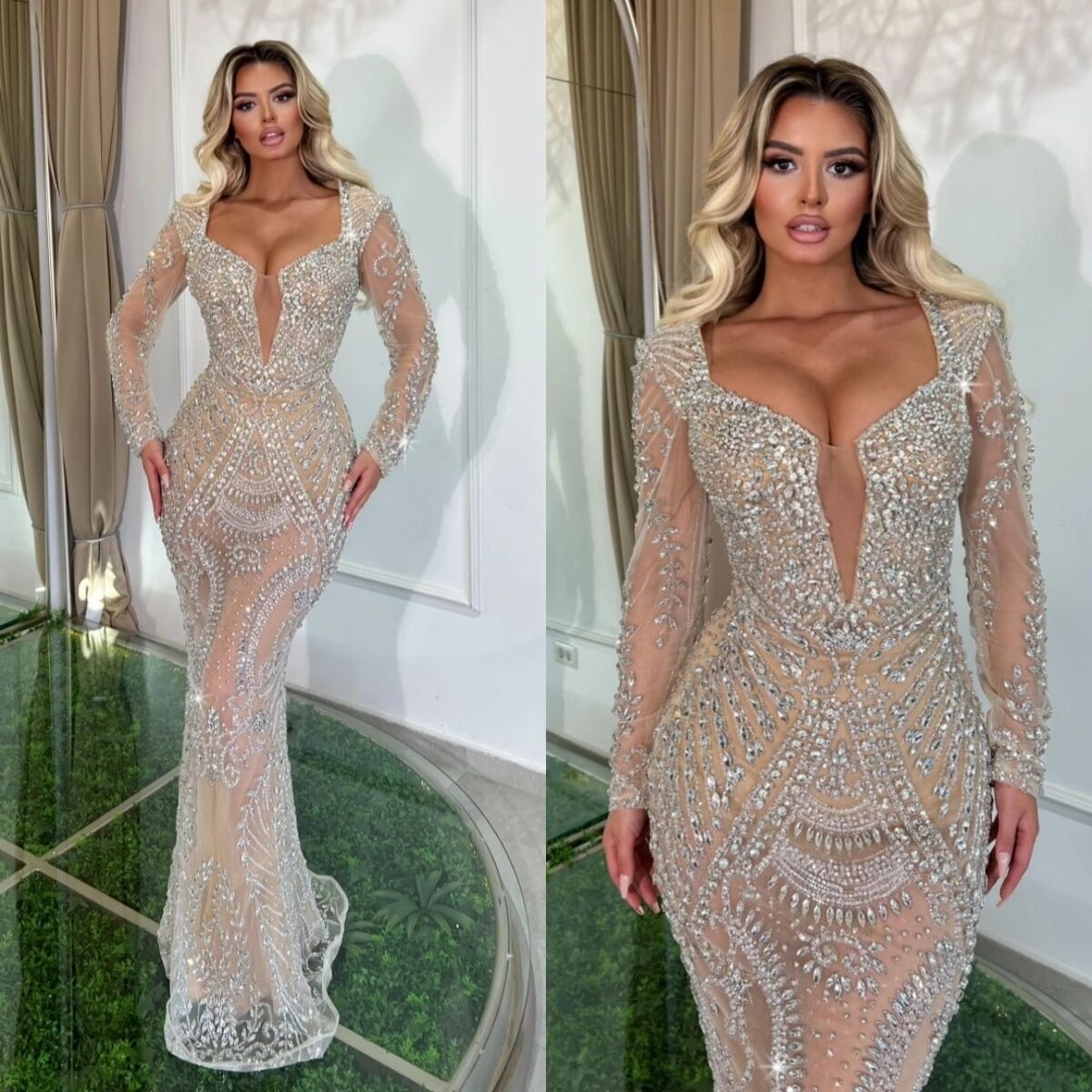 Sparkly V Neck Sequined Evening Dresses Customized Sexy Crystal Long Sleeve Prom Dress Illusion Floor Length Party Gown