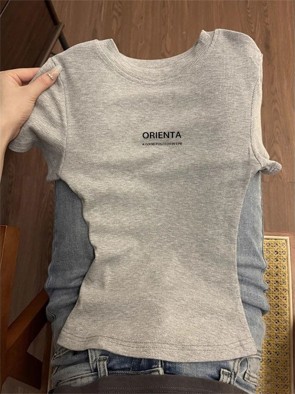 2025 summer new retro gray slim fit round neck shoulder slim fit basic shirt, spicy girl designer T-shirt, designer short sleeved women's T-shirt