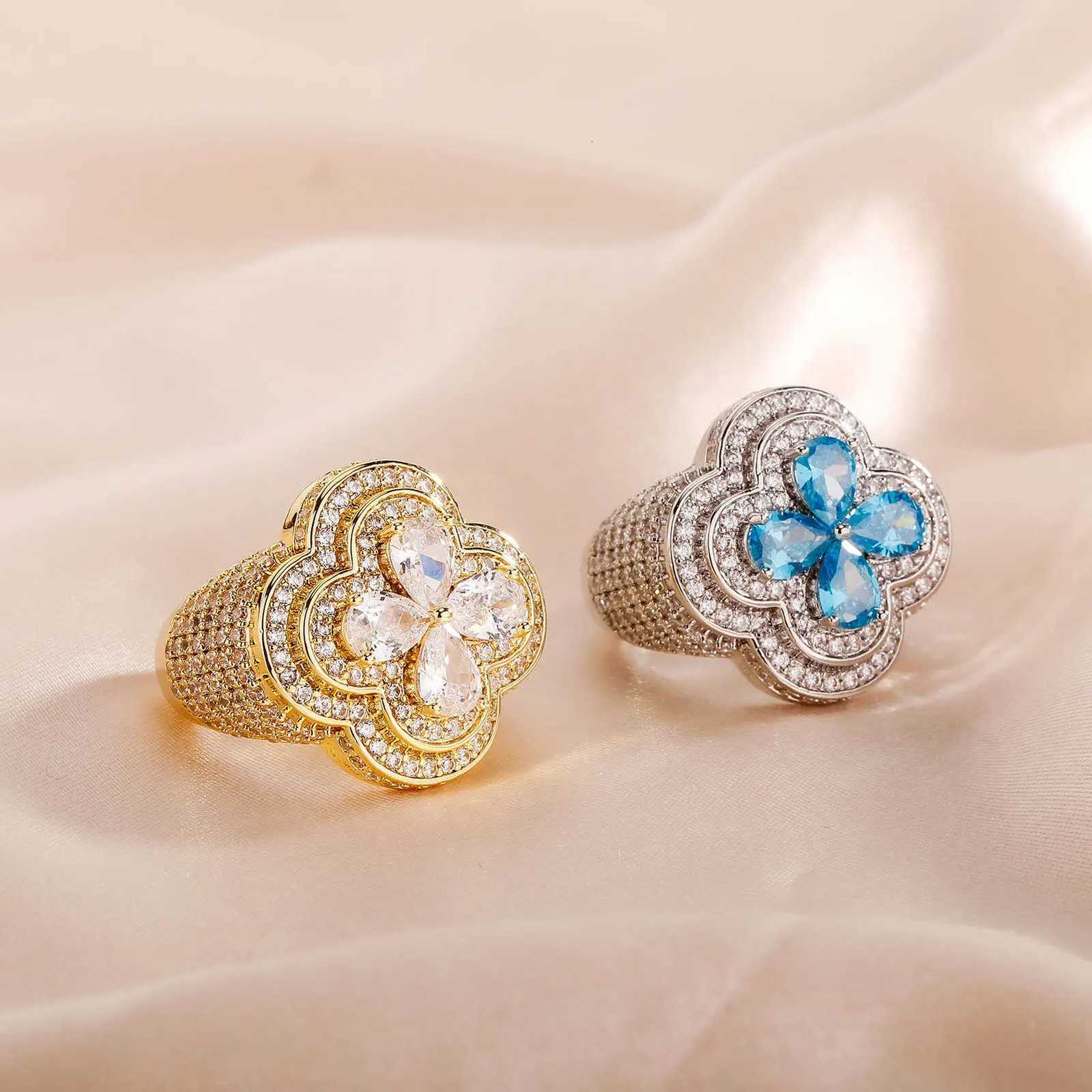 TOPGRILLZ Iced Out Colorful Four Leaf Flower Ring Bling Micro Paved Cubic Zirconia Punk Rings For Men Women Jewelry y250730