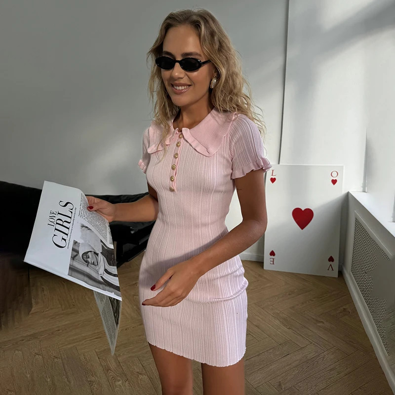 Summer High Waist Ruffled Knitted Mini Dresses for Women Short Sleeve Bodycon Dress Female Retro Elegant Dress 250731