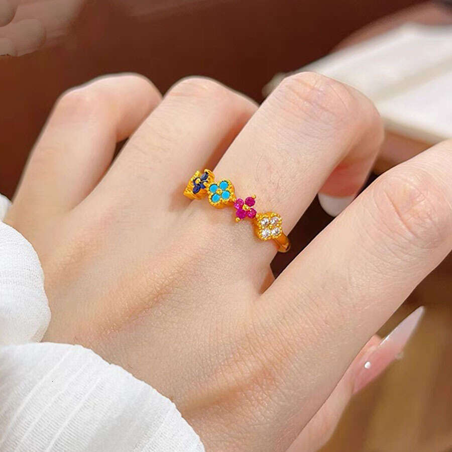 Lucky Colorful Four-Leaf Clover Women's Trendy Unique Light Luxury Summer Sweet Dopamine Rainbow Ring Exquisite