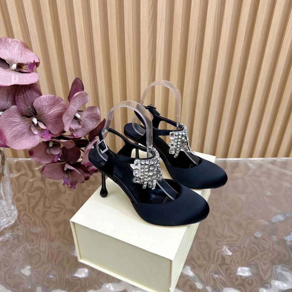 Women Size34-42 Silk Genuine Leather Pumps Slingbacks Crystals Sandals Round Toe Party Designer Shoes Zapatillas De Mujer bbc