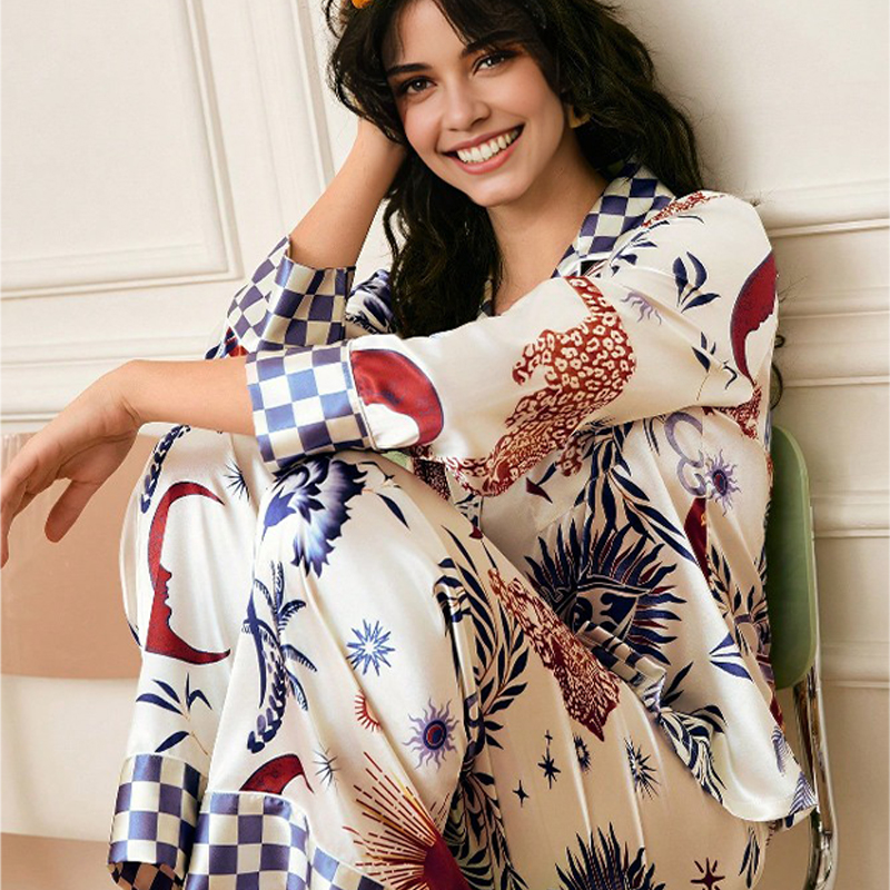 2025 New Women's Spring and Autumn Silk Color-Printed Long-Sleeved Long Pants Pajama Set Homewear