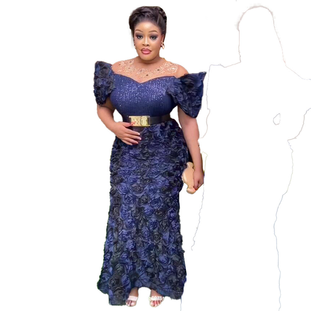 Womens Dress Luxury Three-Dimensional Embroidery Off-Shoulder Mesh Sequin Rhinestone Belted Evening Gown 240226