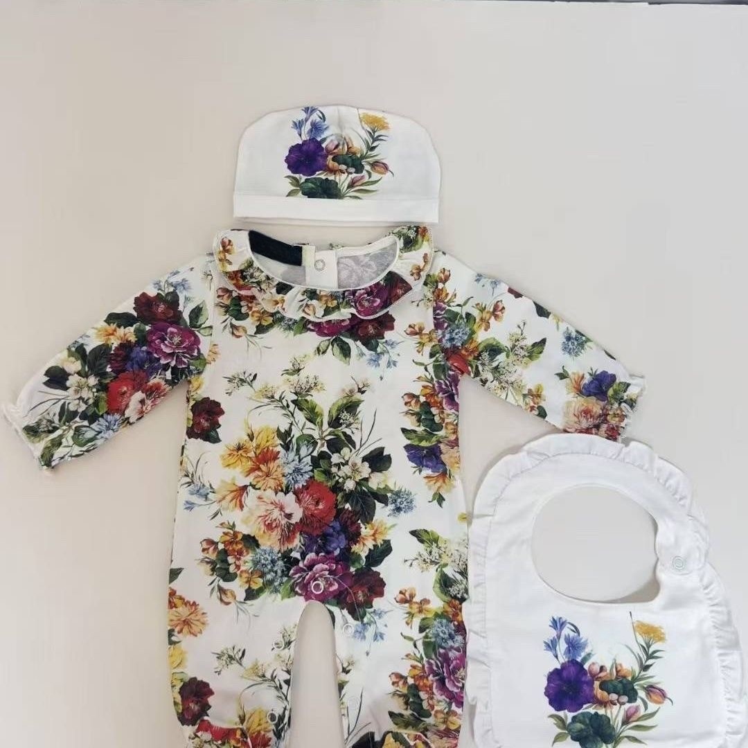 Designer Infant floral printed rompers Newborn bear long sleeve jumpsuits hat bibs 3pcs Luxury babies climb clothes newborn clothing baby gift S4370