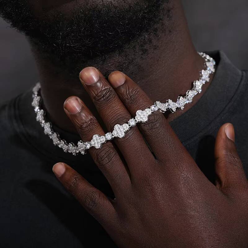 Iced Out Cross Design 10mm Vvs Moissanite White Gold Plated 925 Silver Tennis Chain Necklace Rapper Hip Hop Jewelry