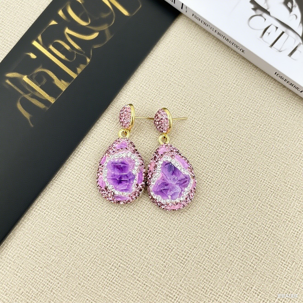 Rough Natural Amethyst Crystal Jewelry Set for Women Rhinestone Irregular Quartz Lucky Leather Bangle Rings Charm Necklace Sets