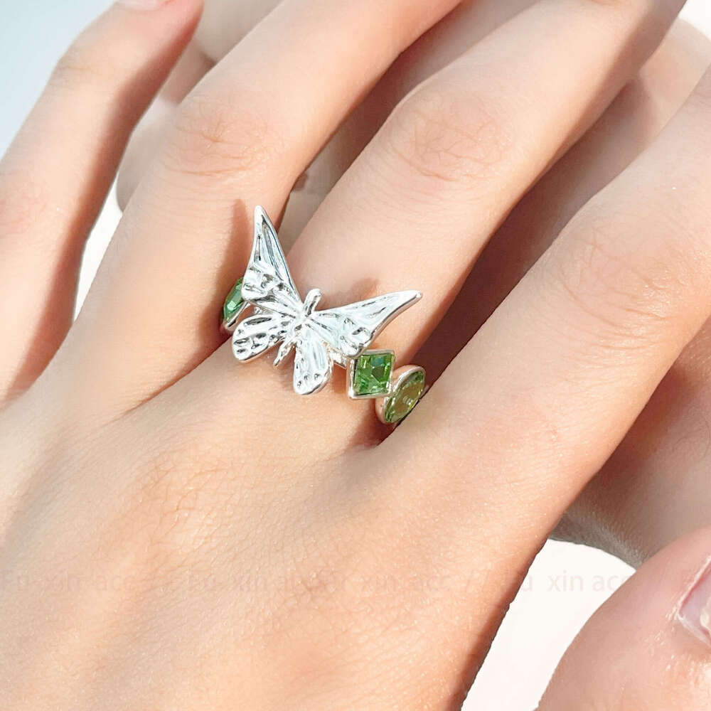 New Chinese National Style Green Zircon Butterfly Light Niche Design Exquisite Fashion High-end Sense Ring for Women 048