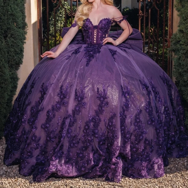Purple Shiny Quinceanera Dresses Off The Shoulder Applique Lace Beads Tull Vestidos 15 De Anos Princess Party Birthday Birthday Sweet 16 Dress