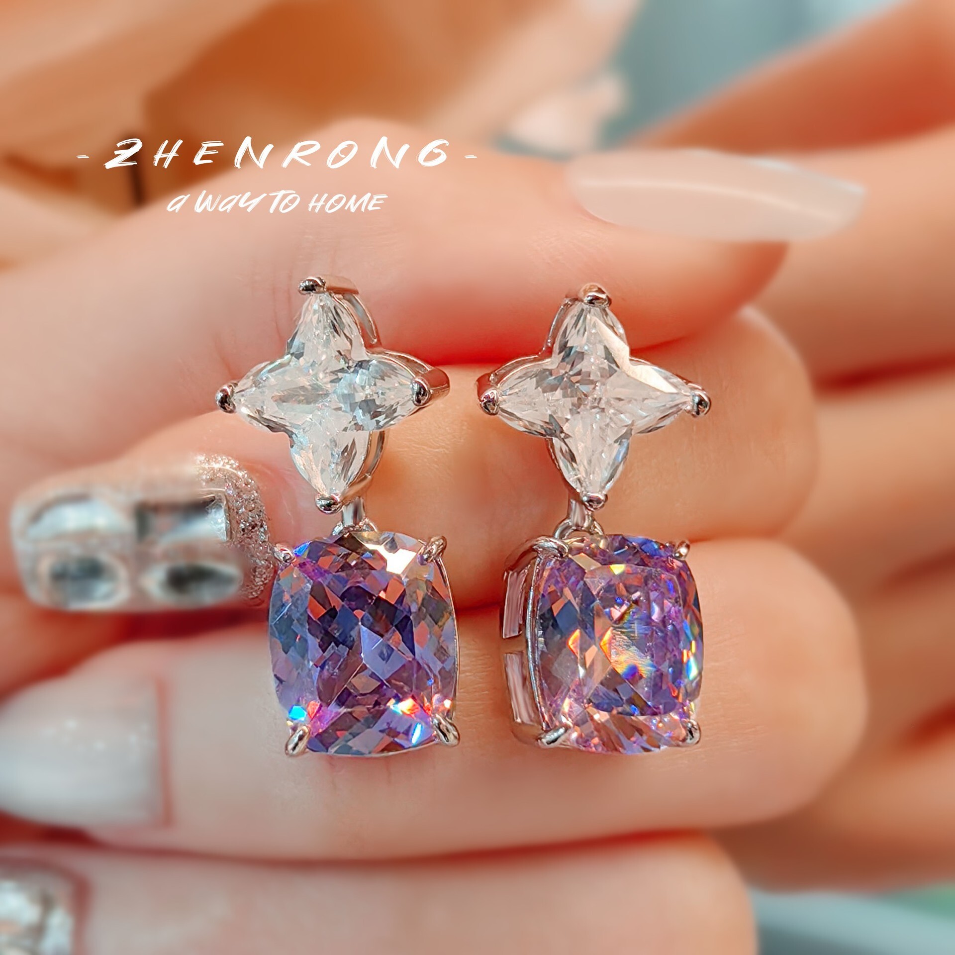 Free Shipping Designer Luxury Women's Jewelry High-end Ice Sculpture High Carbon Diamond Nail Earrings Shiny Colored Diamond Earrings