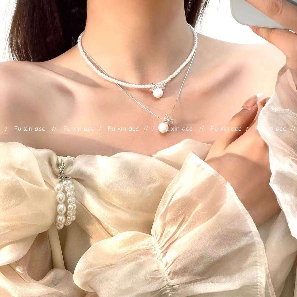 Cool Summer Pearl Bow Necklace for Women French Style High-end Clavicle Chain Light Niche Versatile Durable Jewelry cf6