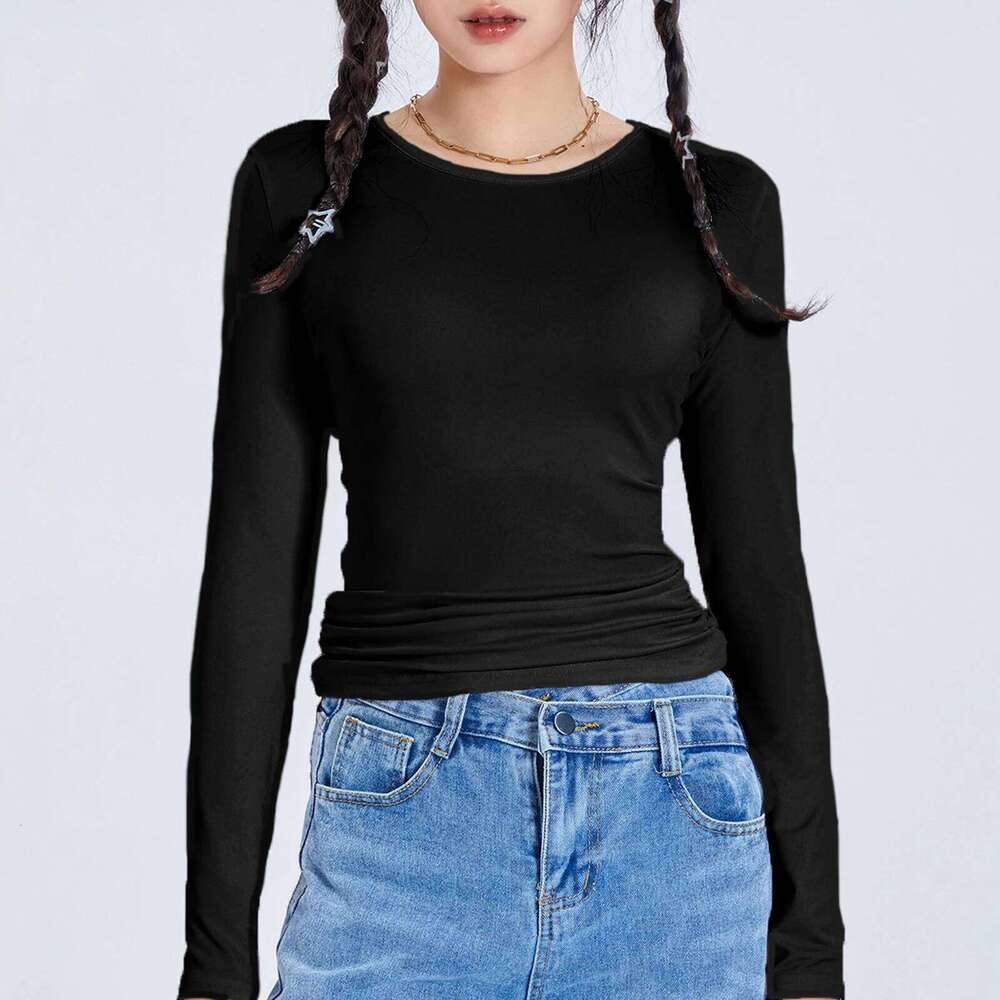 Women Long Sleeve Slim T-shirts Spring Summer Cropped Solid Color Casual Pullover Tops Female Show Navel Party Blouse