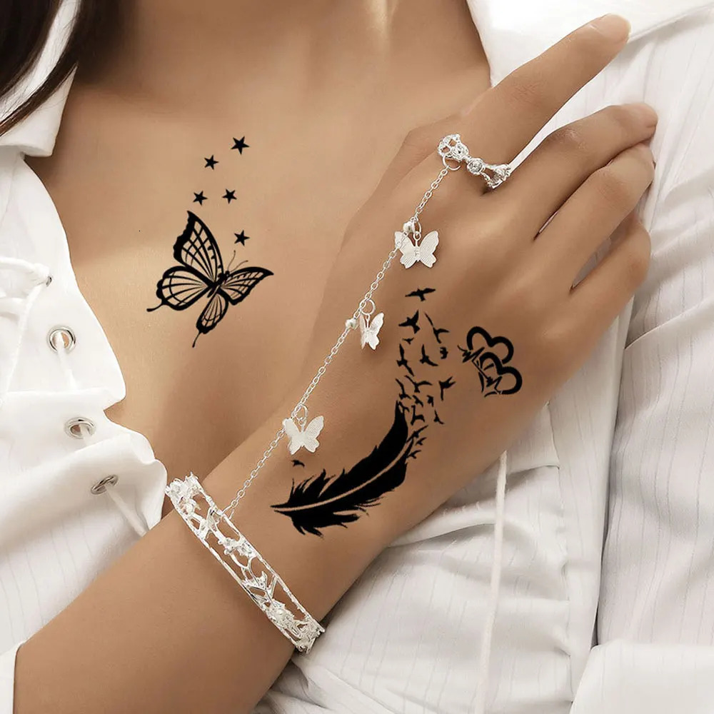 30Pcs Black Flower Tattoo Stickers Butterfly Rose Moon Star Small Temporary Tattoos Mandala for Hand Body Chest 250731