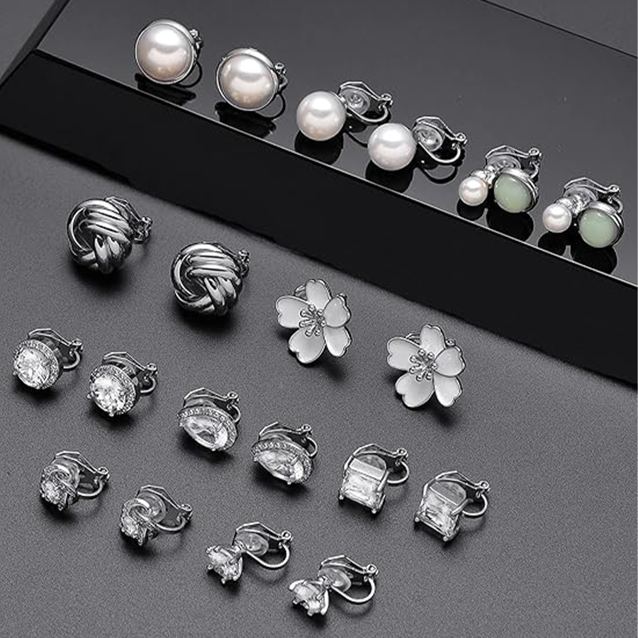 10Pairs Clip on Stud Earrings Non Pierced Teardrop Round Square CZ Pearl Twist Knot Flower Heart Star Rainbow Cat Opal Clip on Earrings for Women Silv