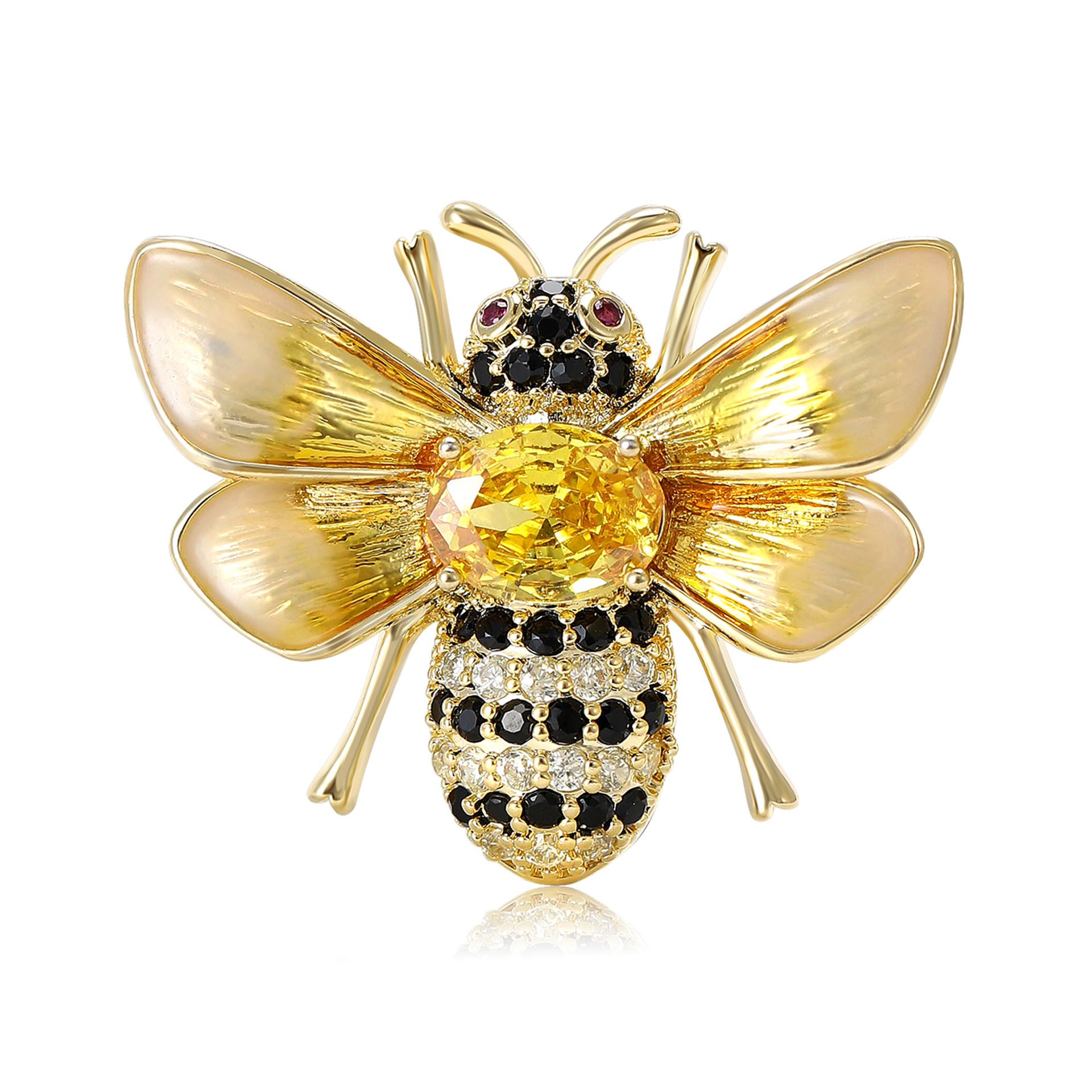 Gold Tone Rhinestone - Bee Brooch With Yellow Gemstone, Black Onyx And Pearl Accents Nature - Inspired Jewelry And Gift For Him/Her High Quality And S