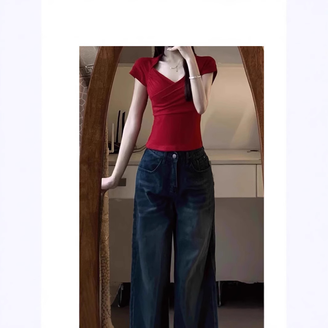 2025 red V-neck cross shoulder short sleeved women's T-shirt summer new slim fit waist unique spicy girl top new designer T-shirt