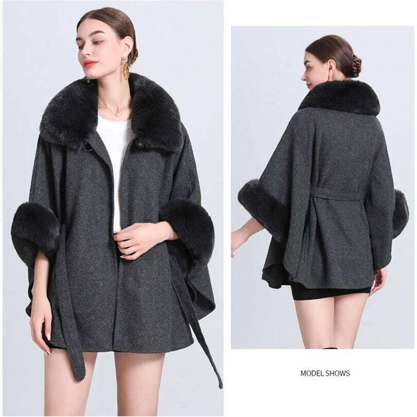 Designer Clothing Fashion Elegant Faux Fur Turn-Down Collar Woolen Blends Coat Batwing Sleeve Belt Loose Poncho Mid Long Cape Outerwear Pockets Fashio