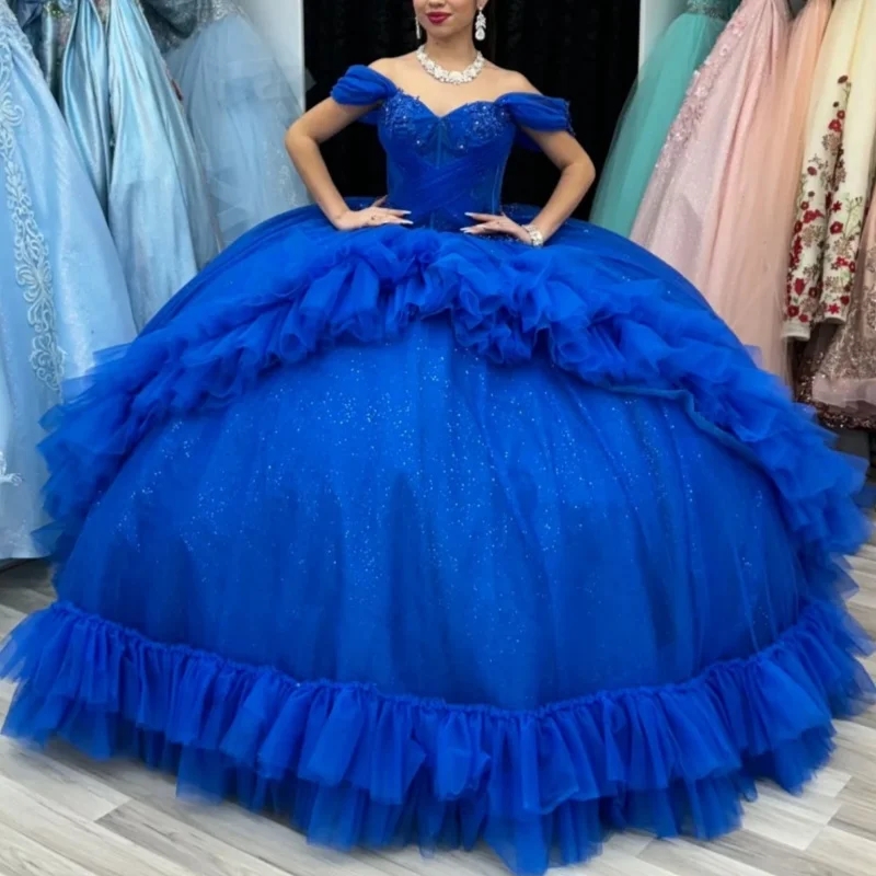 Royal Blue Shiny Quinceanera Dresses Ball Gown Off The Shoulder Applique Beads Tiered Tull Party Birthday Sweet 16 Dress Vestidos 15 Anos