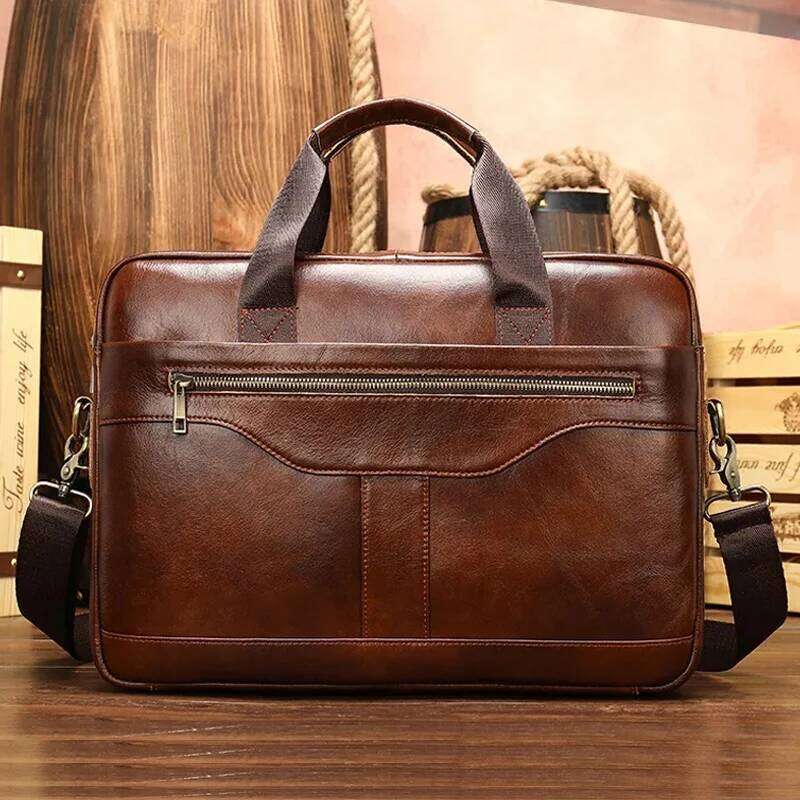 Brand Men Laptop 14 Inch Genuine Leather Business Briefcases Work Tote With Strap Male Messenger Bag OLOEY
