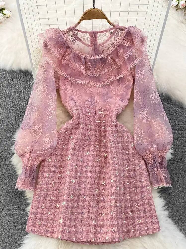 Autumn Flower Embroidery Mesh Patchwork Sequined Tweed Dress Women Ruffled Petal Sleeve Bow A Line Short Party Dresses dongdumaoyi