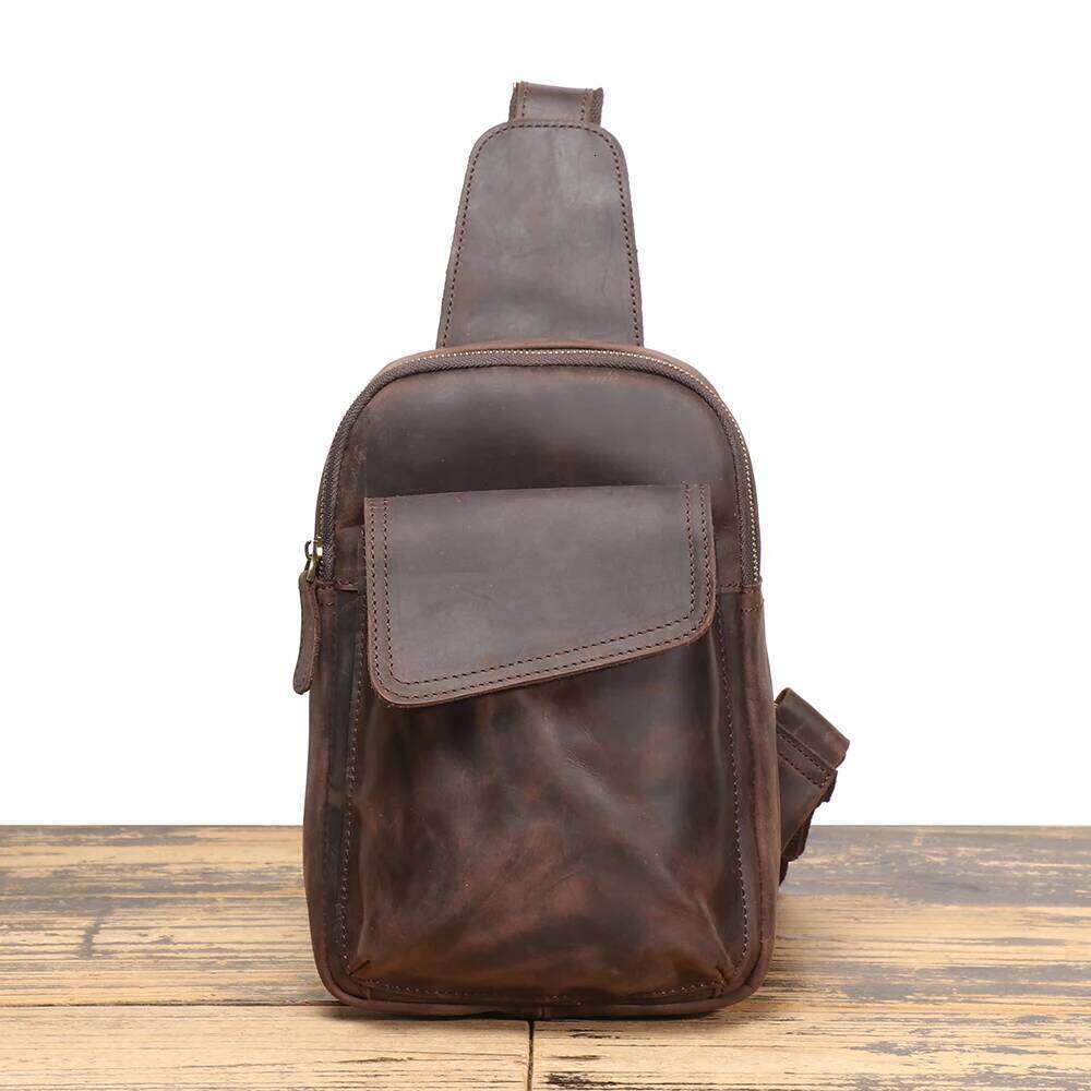 LUOKIR New Vintage Men's Chest Crazy Horse Leather Casual Crossbody Backpack Cowhide Large Capacity Shoulder Bag 250731