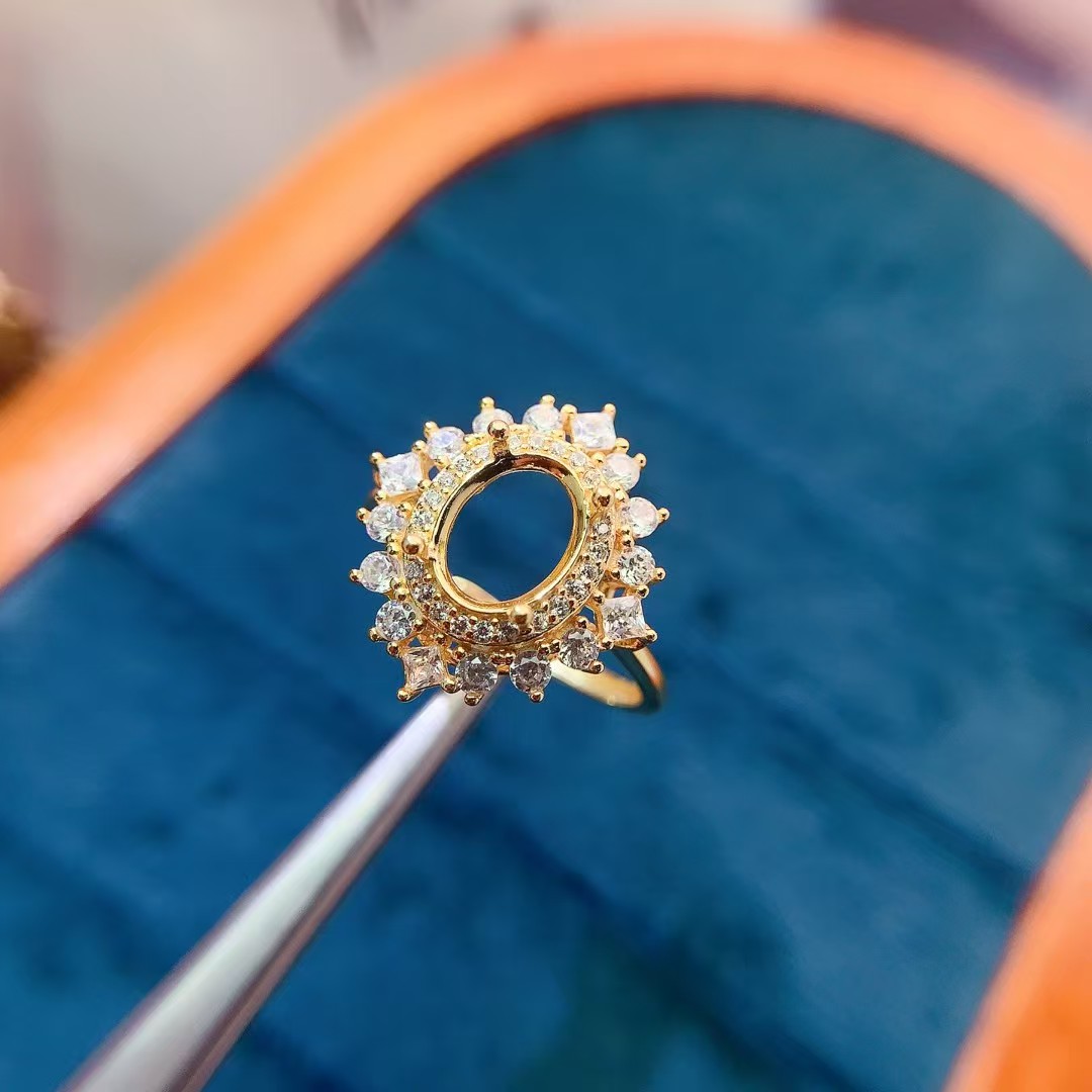 Sparkling 925 silver ring setting 7mm*9mm oval gemstone semi mount ring with 3 layers 18K gold plating keep shining