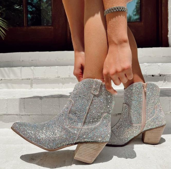 Boots Western Cowgirl Boots Women Pointed Toe Chunky High Heel Glitter Boots Fashion All Match Shiny Sparkle Booties Mujer 230829