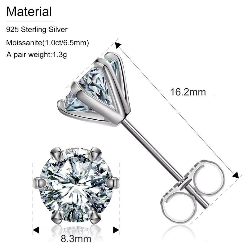 2022 Trend Women Jewelry 925 Sterling Silver 6 Prong Set 6.5mm 1ct Round Brilliant Cut VVS Moissanite Diamond Stud Earrings
