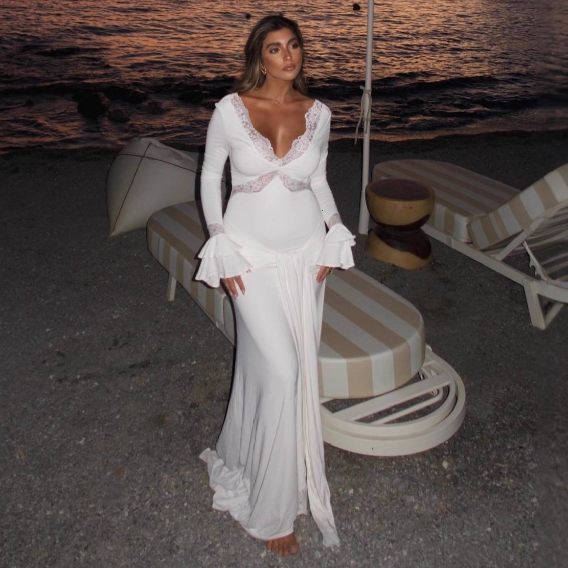 Womens New Fashion Bell Sleeve Lace Trim Dress Sexy Evening Gown Autumn Winter Dress