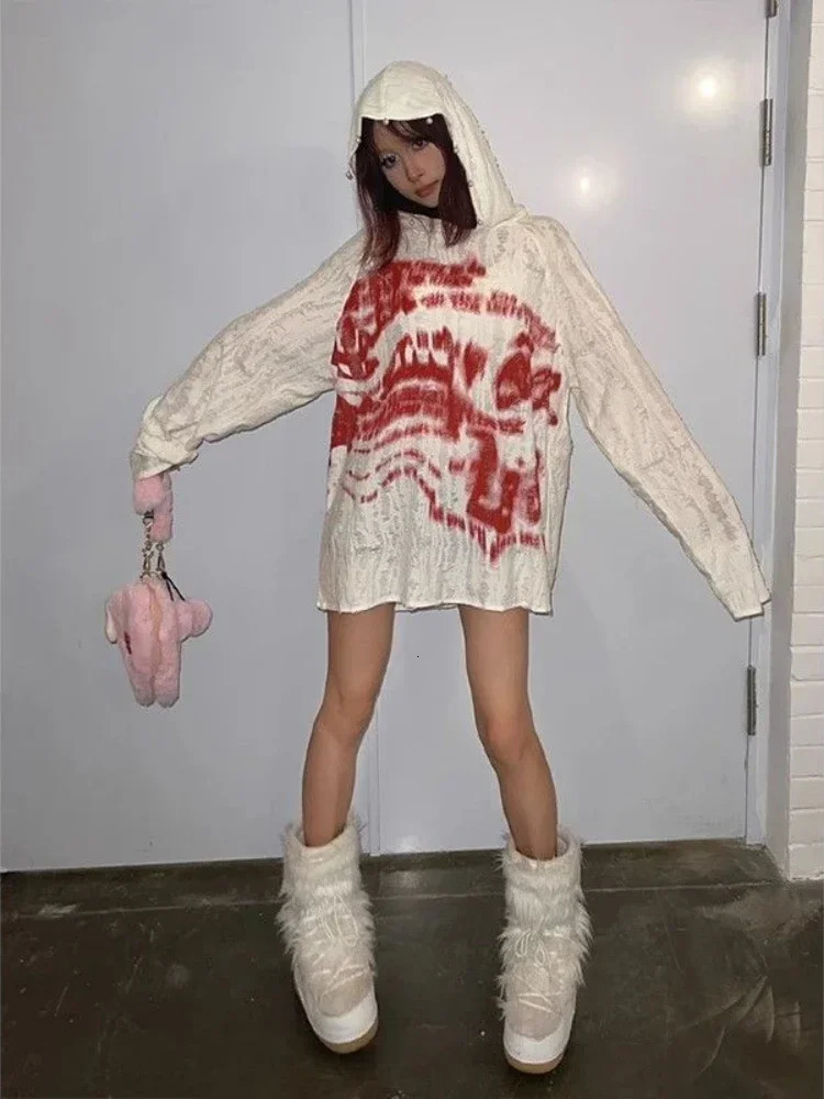 HOUZHOU Y2k Gothic Vintage Women Hoodies Harajuku Print Japanese Fashion Hooded Pullovers Loose Long Sleeve Grunge Streetwear 250730