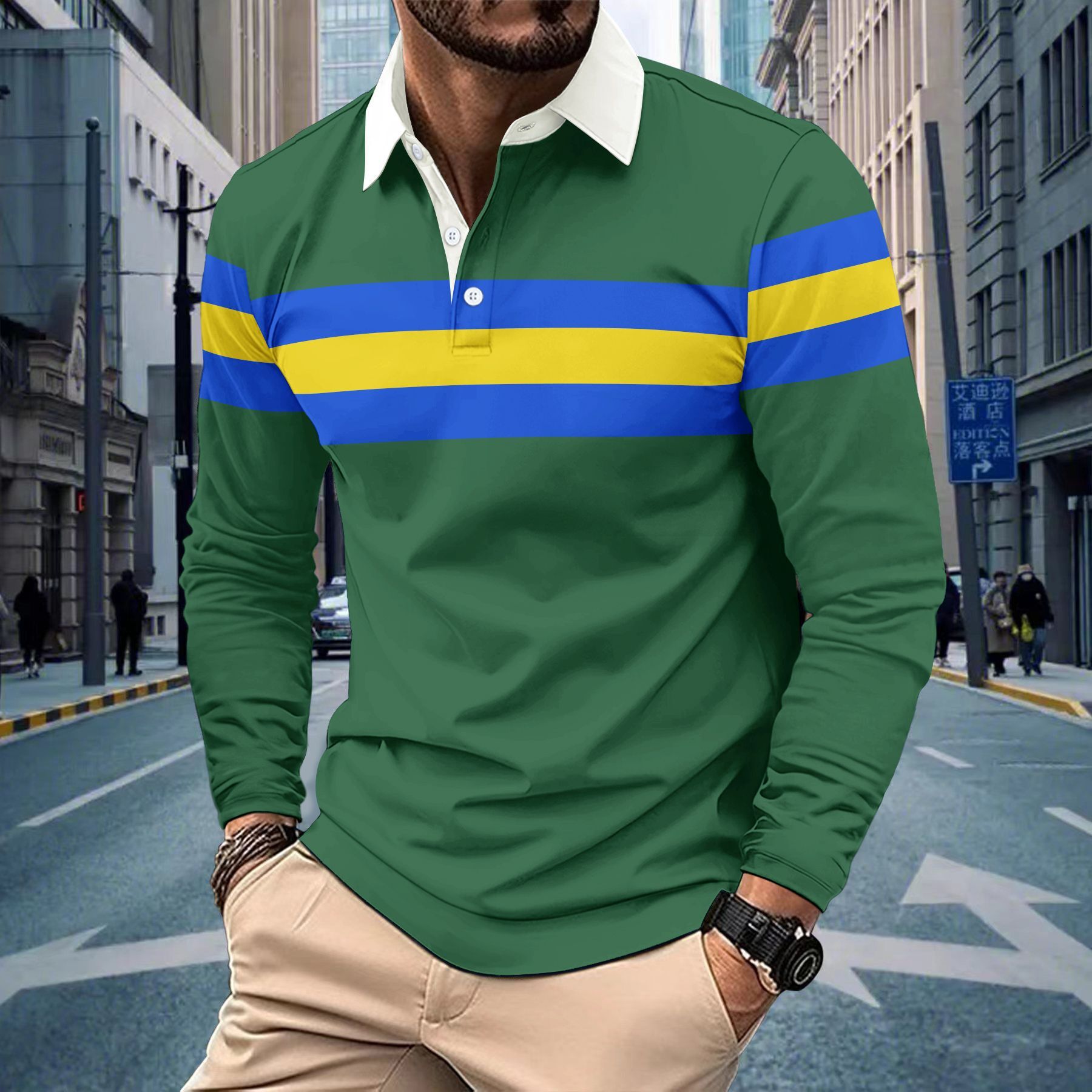 Free shipping for 2025 Designer men's long spring and Autumn season sleeved new printed color block lapel men's casual Polo shirt