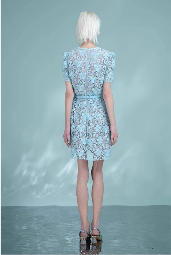 Women Blue Lace French Hollow Slim Skirt Square Neck High Waist Belt Breasted Lace Pocket Dress 6116459