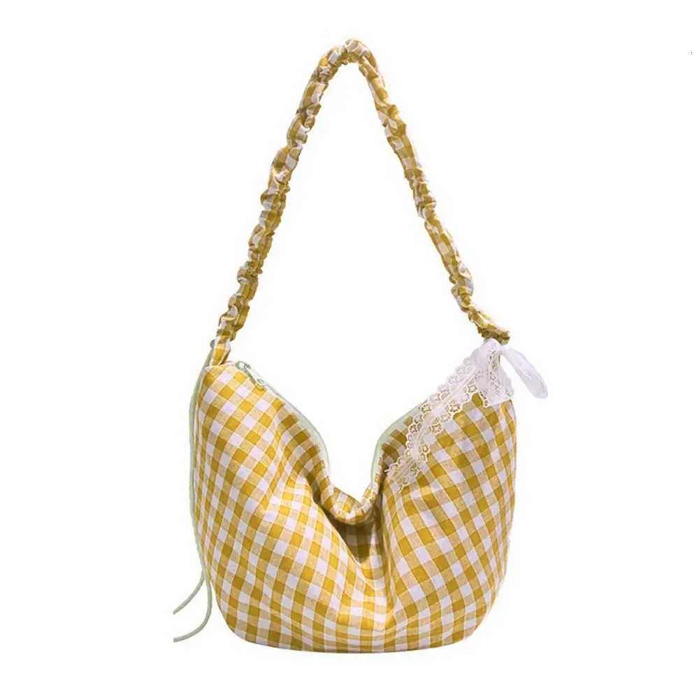 Casual Korean Hobos Shoulder Bag Half Moon Large Capacity Crossbody Bag Plaid Canvas Handbags Women Y250730