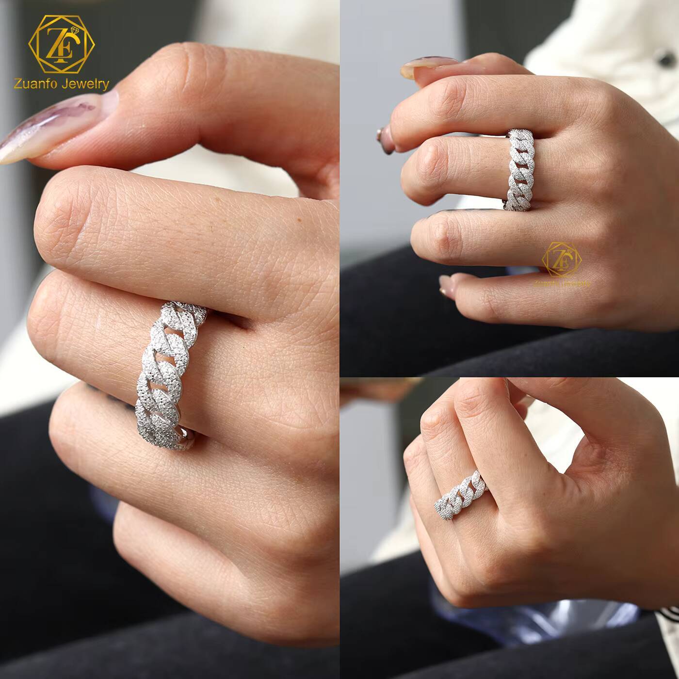 RTS 7mm 18mm Moissanite Diamond Cuban Link Ring 925 Sterling Silver VVS Gold Plated Ring Fine Jewelry for Men