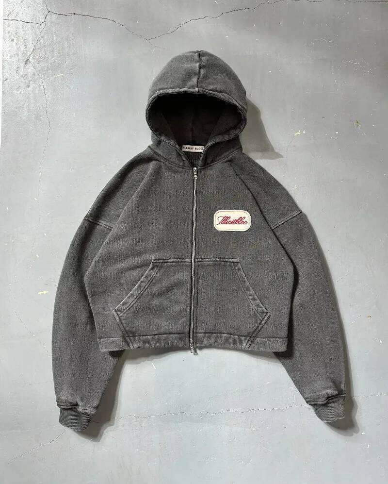 Fashion Trend New Solid Color Letter Patch Hooded Zipper Sweater Men Y2K Hip Hop Vintage Haruku Joker Couple Sports Hoodie