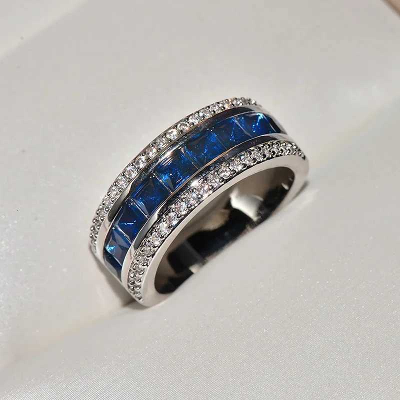 Authentic 925 Sterling Silver Finger Ring With Round Blue Square Cubic Zirconia Crystal Wide Ring For Women Wedding Jewelry y250730