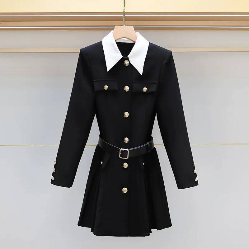 Quality 2025 Spring Autumn Single Breasted Golden Button Long Full Sleeve Blazer Suit Coat Pleated Short Dresses Women dongdumaoyi
